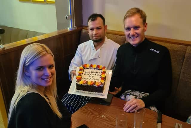 Dan Walker and his Strictly Come Dancing partner Nadiya Bychkova were presented with a special cake when they visited Prithiraj Indian restaurant on Ecclesall Road in Sheffield.