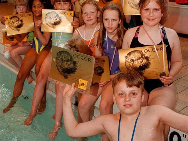 Members of Askern & Campsall Swimming Club pictured with Doncaster Mayor Margaret Robinson after receiving Gold Otter Swimming Awards in 1999