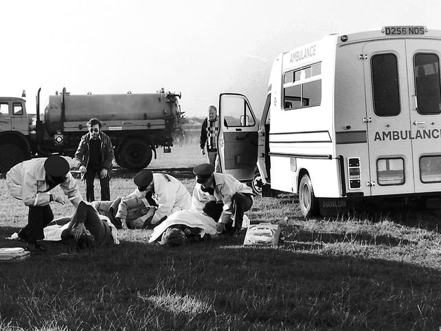 Joint emergency services exercise at Kelso racecourse in December 1986.