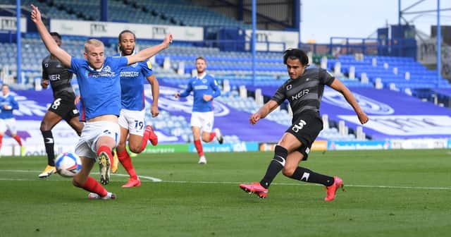 Reece James fires into the sidenetting against Portsmouth. Picture: Howard Roe/AHPIX