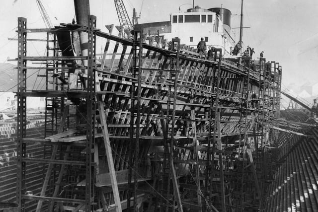 A flashback to 1953 at Palmers, Hebburn. A new forepart is being built on to the British Railways steamer Duke of York which was severely damaged during a collision at Harwich.