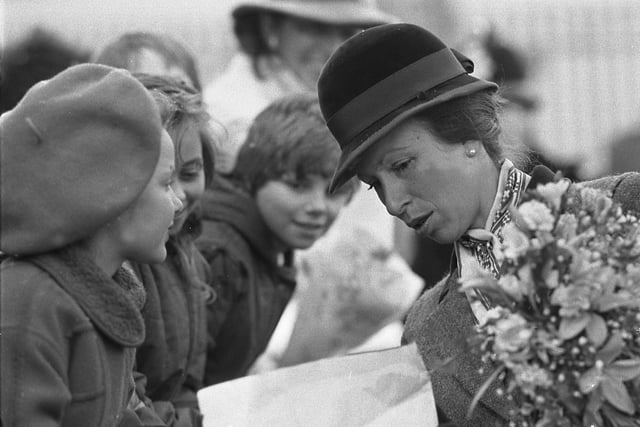 Princess Anne talks to some of the hundreds of children cheering her outside Pallion Milestones Centre in February 1986.