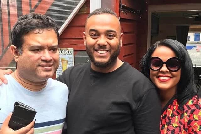 Paul Sinha with a couple of fans Lyndon and Jahmaine