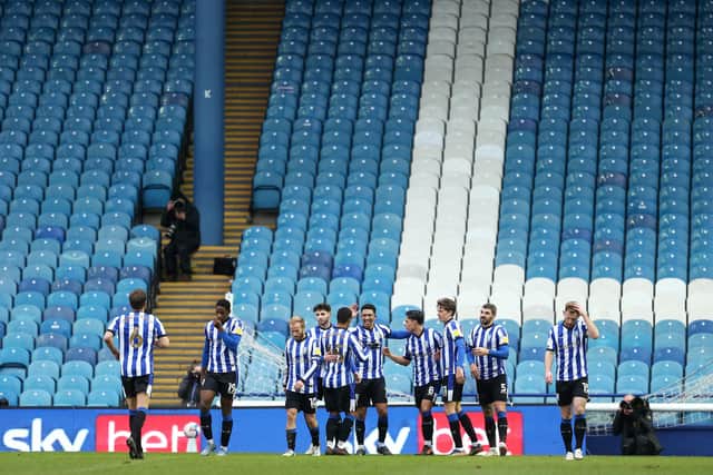 Sheffield Wednesday's Liam Palmer celebrates with his teammates after scoring the winner in the Owls' 1-0 victory over Preston North End at Hillsborough this afternoon. (Photo by Lewis Storey/Getty Images)
