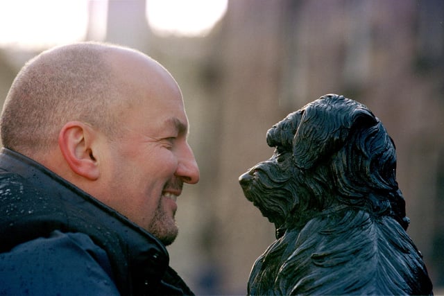 Edinburgh councillor Steve Cardownie and Greyfriars Bobby launching a campaign to urge companies to 'Adopt-a-Monument' in 1999.