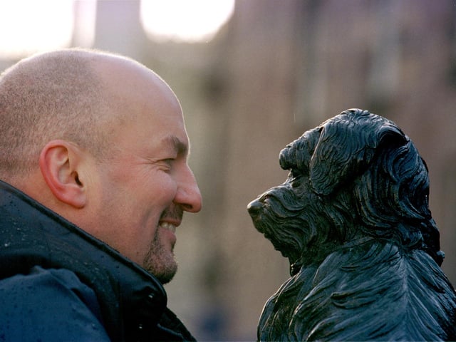 Edinburgh councillor Steve Cardownie and Greyfriars Bobby launching a campaign to urge companies to 'Adopt-a-Monument' in 1999.