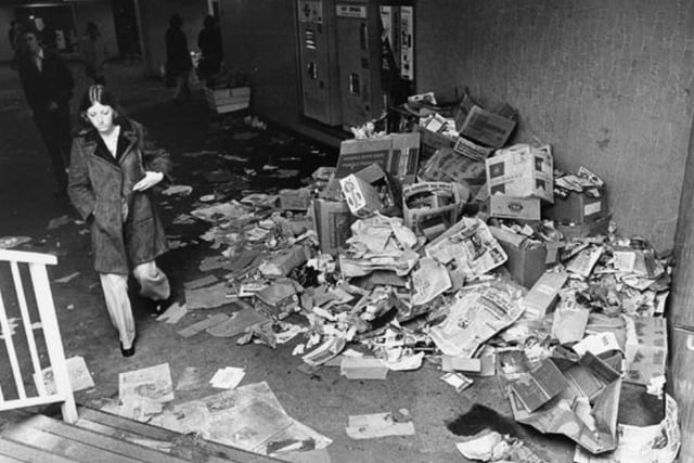 Rubbish piled up at Castle Square, Sheffield, during the Cleansing Department Supervisors strike on June 17, 1974