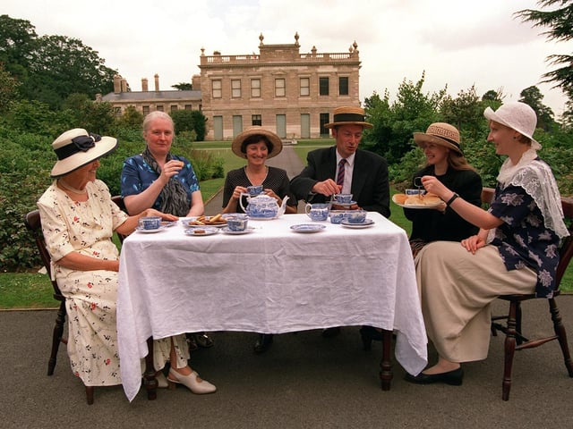 A tea party at Brodsworth Hall, Doncaster in 1998 to launch the "Around t'houses" starting on Yorkshire day.