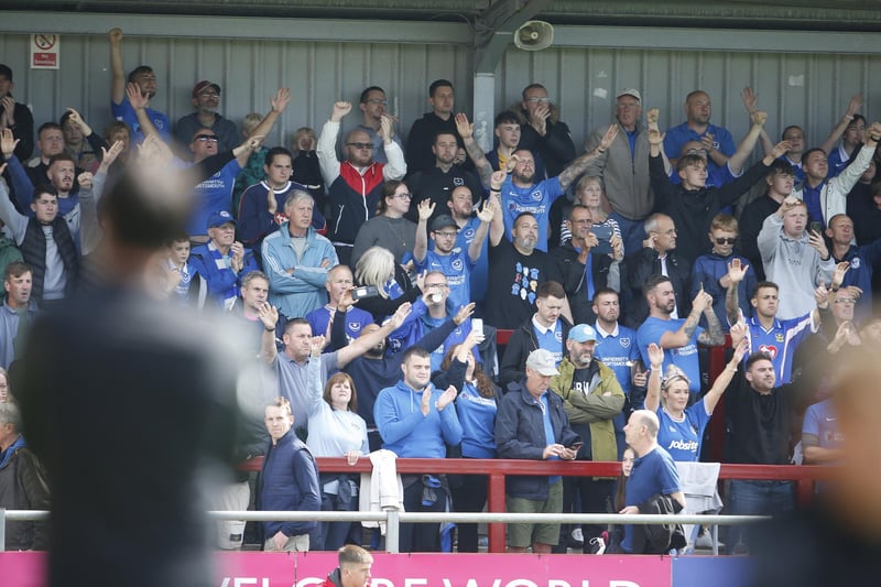 Portsmouth fans in the away end at Highbury Stadium, Fleetwood on opening day of the season. Picture: Paul Thompson
