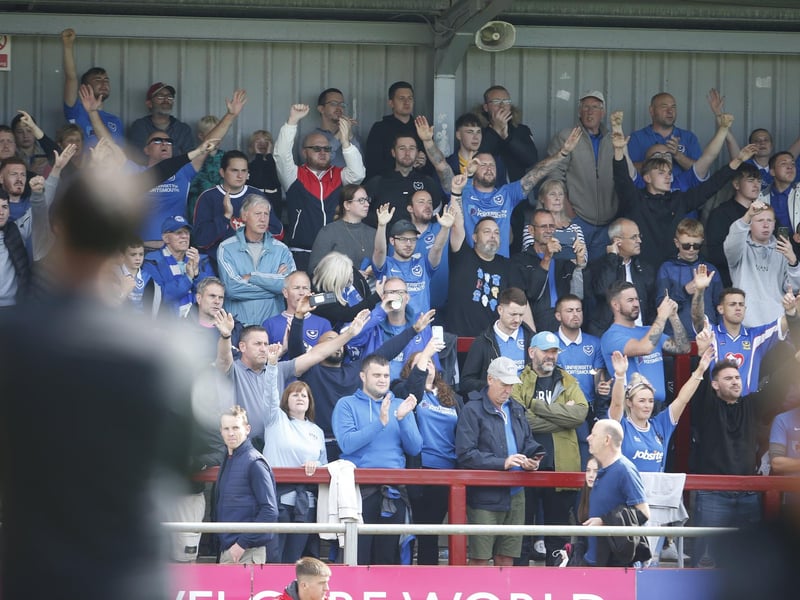 Portsmouth fans in the away end at Highbury Stadium, Fleetwood on opening day of the season. Picture: Paul Thompson