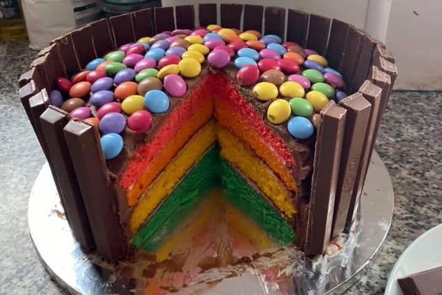 Amanda Barker posted a photo of this delicious looking chocolate rainbow cake, decorated with M&Ms and Kit-Kats.