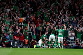 David McGoldrick of Republic of Ireland celebrates his goal during the UEFA Euro 2020 qualifier between Republic of Ireland and Switzerland at Aviva Stadium (Photo by Catherine Ivill/Getty Images)