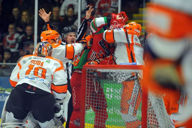 A scrap at Cardiff behind Steelers net: Pic by Dave Williams