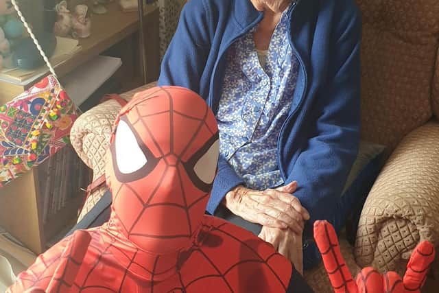 Elizabeth Oliver celebrates her 91st birthday with Spiderman