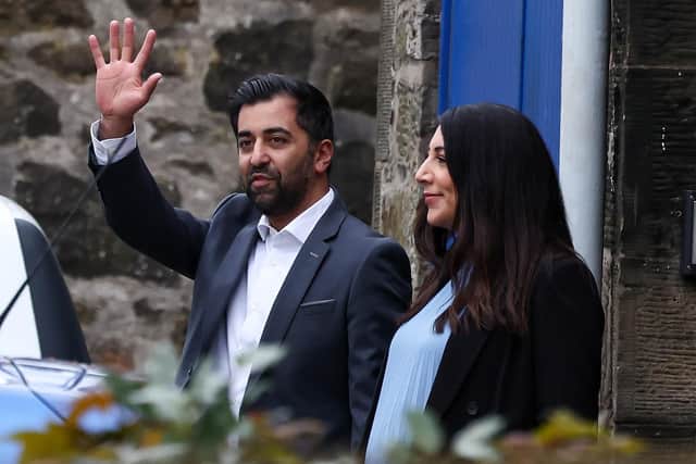Humza Yousaf and his wife Nadia El-Nakla depart Bute House following his resignation (Photo by Jeff J Mitchell/Getty Images)
