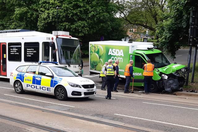 This was the scene on Langsett Road, Sheffield, this morning as an Asda delivery van collided with a tram.