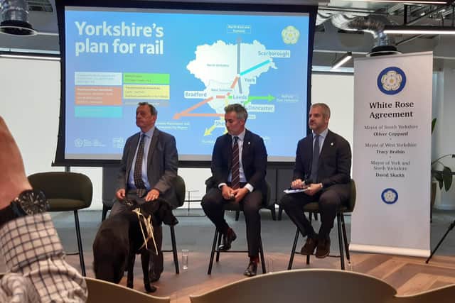 Let to right, Lord Blunkett, North Yorkshire Mayor David Skaith and South Yorkshire Mayor Oliver Coppard at the launch of Yorkshire's Plan for Rail in Leeds, May 16, 2025. Picture: Julia Armstrong, Local Democracy Reporter