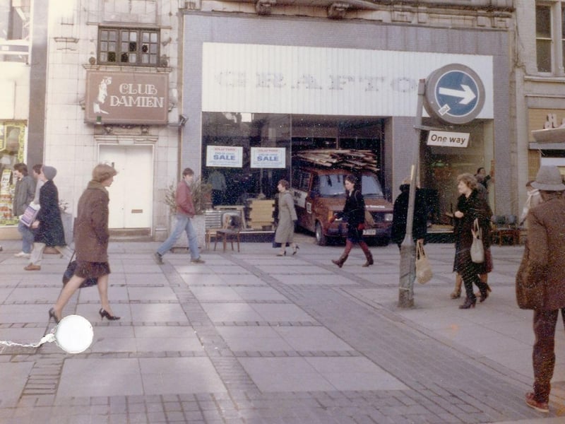 The entrance to Club Damien nightclub, on Kirkgate, Leeds, beside the former Grafton's shop, in February 1983