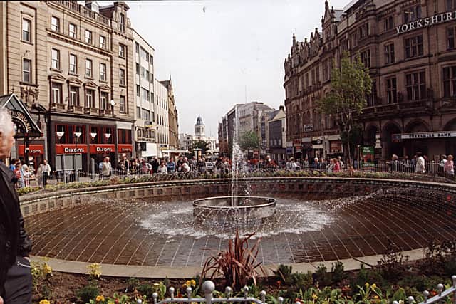 Shefield city centre looking down Fargate from the relaunched  Goodwin Fountain