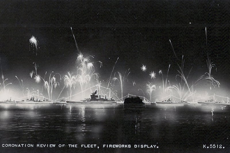 The fleet lit up for the Coronation fleet review at Spithead in 1953. Fireworks display. Picture: Avaon Davies