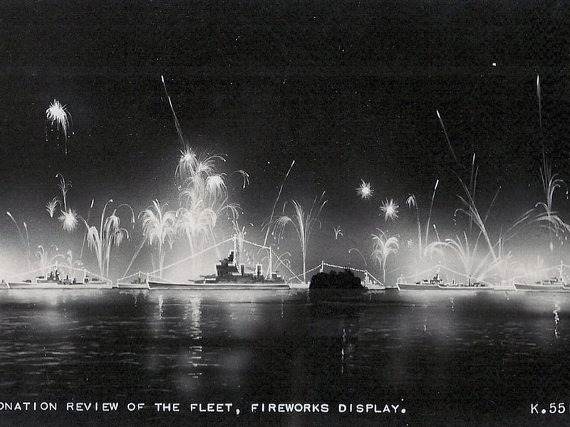 The fleet lit up for the Coronation fleet review at Spithead in 1953. Fireworks display. Picture: Avaon Davies