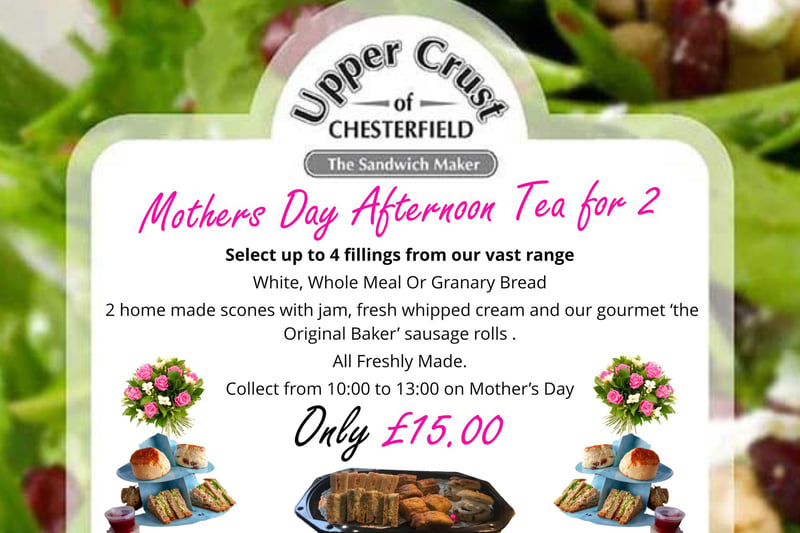 The Mother’s Day Afternoon Tea from Upper Crust is all freshly made and features all your favourites, from the homemade scones to the gourmet sausage rolls. Collection available from 10:00am – 1:00pm on Mother’s Day. Order online: www.uppercrustchesterfield.co.uk