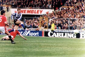 John Sheridan scores what would be the winner on the way to Sheffield Wednesday beating Man Utd to win the 1991 League Cup