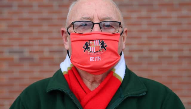 SUNDERLAND, ENGLAND - MAY 22: Sunderland fan Keith wearing his Sunderland AFC Mask with his name on before the Sky Bet League One Play-off Semi Final 2nd Leg match between Sunderland and Lincoln City  at Stadium of Light on May 22, 2021 in Sunderland, England. (Photo by Stu Forster/Getty Images)