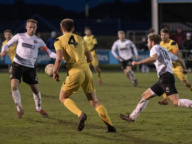 Action from Heanor Town v Selston at the Town Ground on Monday.