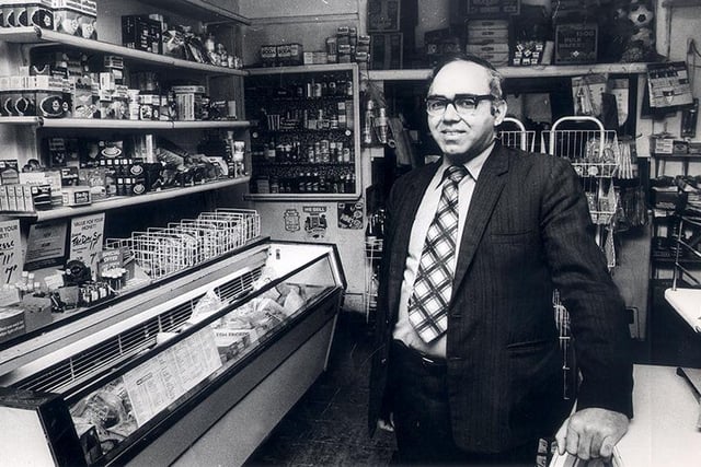 Sadiq Malik, owner of the corner shop in Glen Road, Nether Edge, pictured in March 1976