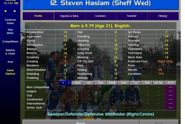 Now of course in charge of the youngsters at Hillsborough, Steve Haslam is at the outset of his playing career on the classic management game, one of the many young players in a debt-riddled Wednesday club. Just 21, he rates highly for influence, bravery and teamwork.