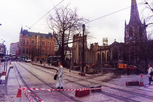 Supertram track work nears completion outside Sheffield Cathedral in 1993