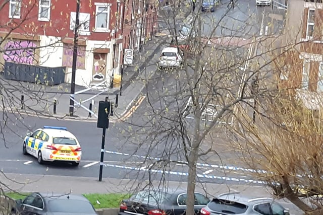 Picture shows the police cordon at the juncion of Catherine Road and Burngreave Road, Sheffield