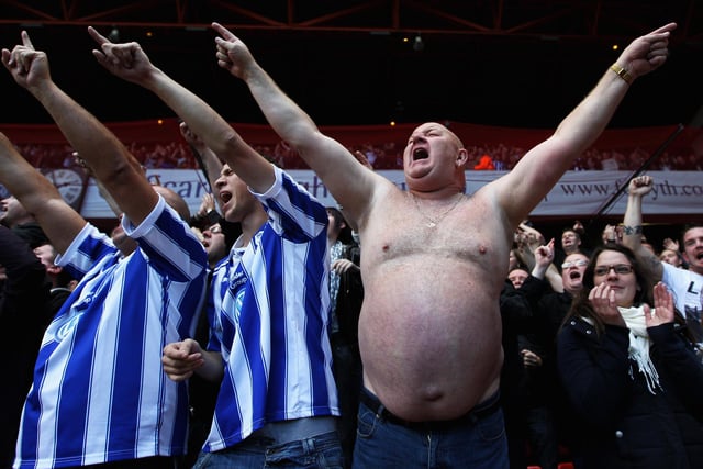 Tango, real name Paul Gregory, celebrates his side scoring in the Sheffield derby at Bramall Lane in October 2011.