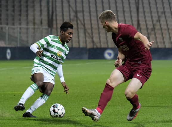 Celtic's Jeremie Frimpong, left, duels for the ball with Sarajevo's Selmir Pidro. Picture: AP