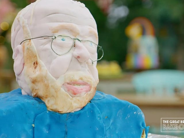 Mac made a cake bust of author Bill Bryson, which is recognisable to some degree (Photo: Channel 4)