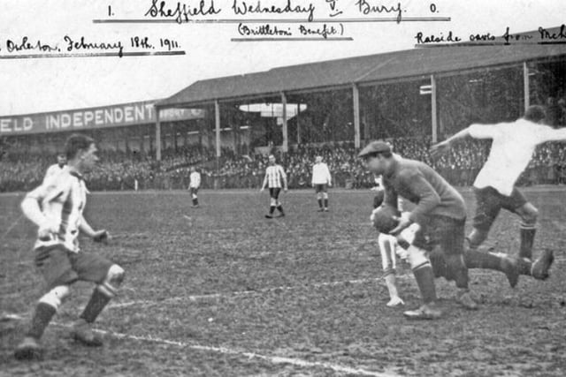 Raeside saves from McLeans at Brittleton's Benefit match at Hillsborough Stadium (then Owlerton Stadium) on February 18, 1911, in which Sheffield Wednesday beat Bury 1-0
