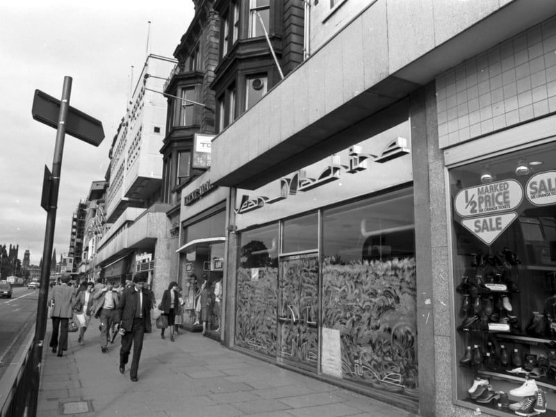 Shops in Princes Street Edinburgh were closing down regularly in 1981, due to a combination of high rates and poor trade. One of the casualties, Jean Machine, with its soaped-up windows.