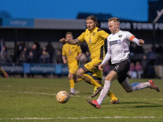 Action from Heanor Town v Selston at the Town Ground on Monday.