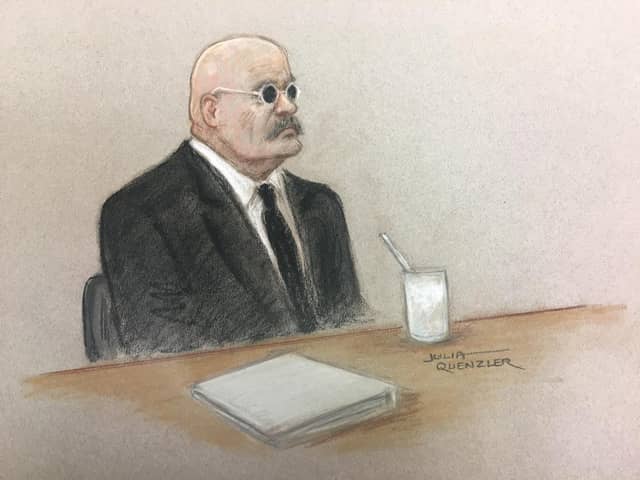 Prisoner Charles Bronson is seen in his trademerk glasses during a public parole hearing, March 6 2023. The 70-year-old, one of the UK's most violent offenders, has been in prison for much of the last 50 years.