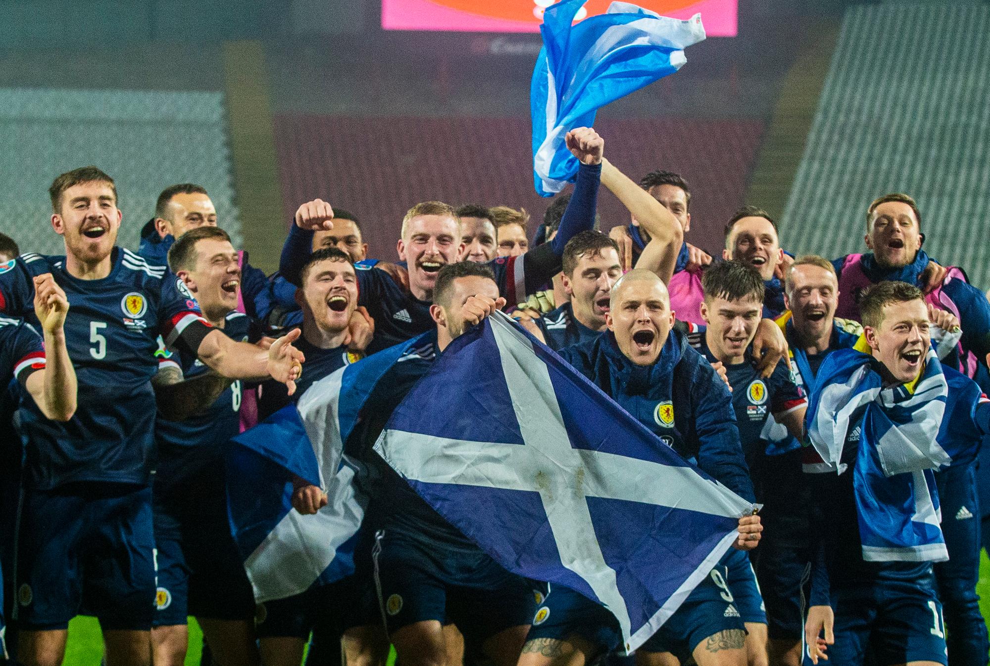 BELGRADE, SERBIA - NOVEMBER 12: Scotland's players celebrate after David Marshall saves Aleksandar Mitrović's penalty during the UEFA Euro 2020 Qualifier between Serbia and Scotland at the Stadion Rajko Mitic on November 12, 2020, in Belgrade, Serbia. (Photo by Nikola Krstic / SNS Group)