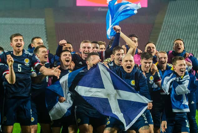 BELGRADE, SERBIA - NOVEMBER 12: Scotland's players celebrate after David Marshall saves Aleksandar Mitrović's penalty during the UEFA Euro 2020 Qualifier between Serbia and Scotland at the Stadion Rajko Mitic on November 12, 2020, in Belgrade, Serbia. (Photo by Nikola Krstic / SNS Group)