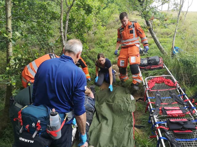 An air ambulance and Edale Mountain Rescue were called after a man suffered a horrific leg break in a fall in countryside near Sheffield, and taken to Northern General Hospital. PIcture shows the incident. Picture: Edale Mountain Rescue