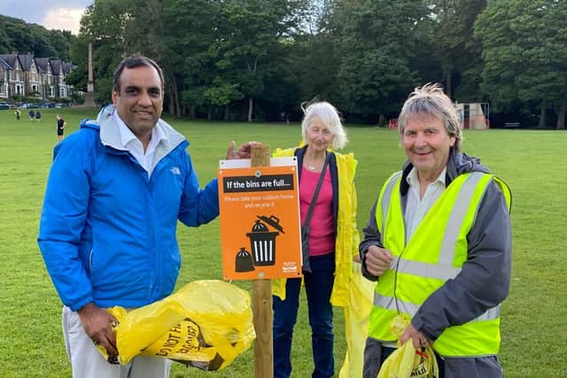 Shaffaq with Ecclesall Ward Cllrs Roger Davison & Barbara Masters during litter picking at the park last year. Picture by Shaffaq Mohammed