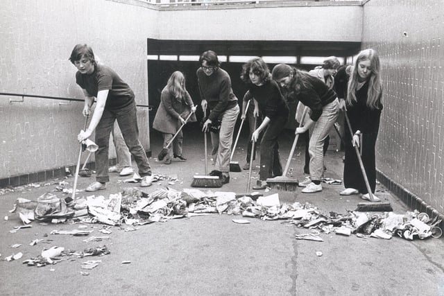 Teenagers clean up Castle Square during the Council workers strike October 1970