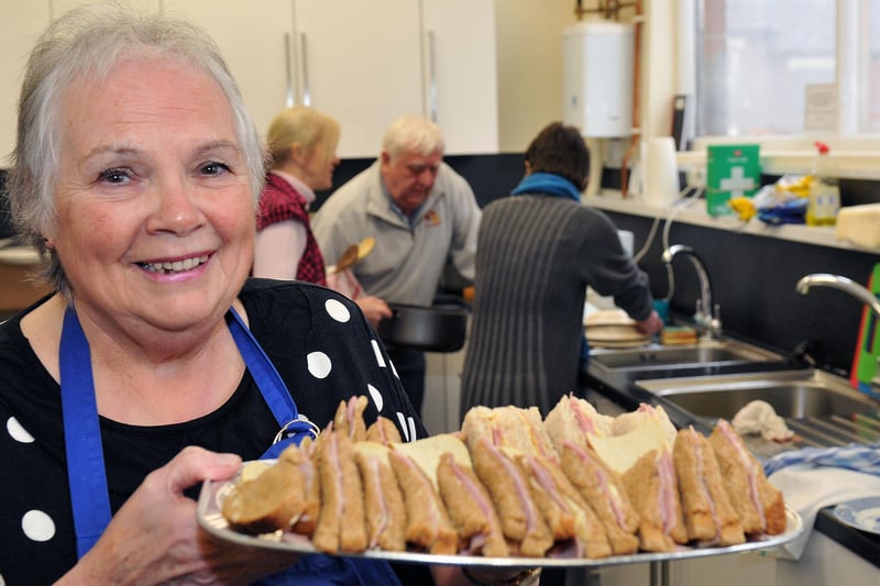 Pat Baxter with a platter of sandwiches at the Methodist Church, Seaside Lane, Easington in 2013.