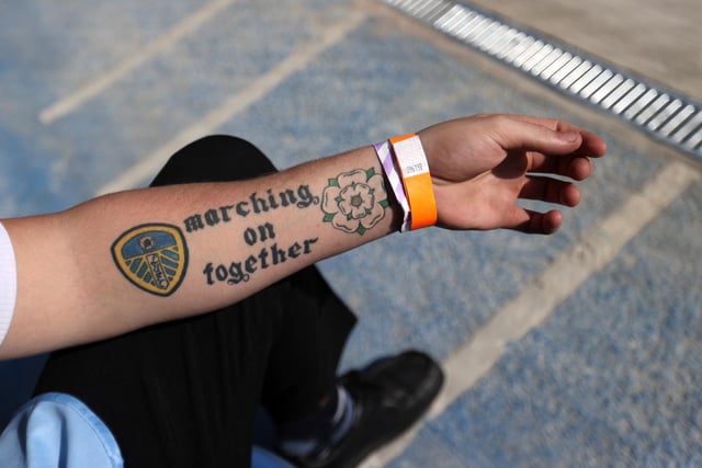 A Leeds United tattoo is seen on a stewards arm inside the stadium prior to the Premier League match against Fulham at Elland Road.