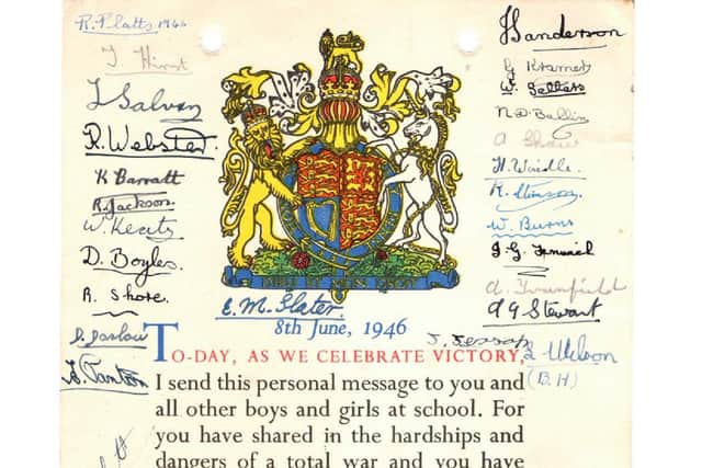 Peter Hemmingham's copy of the letter sent to all children by King George VI at the end of the war - Peter's is signed by his classmates at Firth Park School, Sheffield