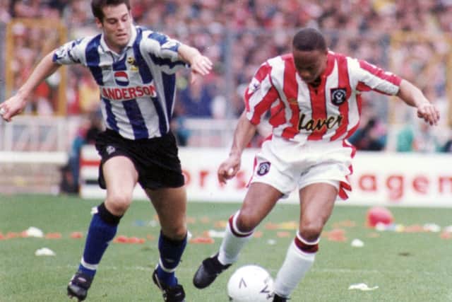 John Harkes and Franz Carr battle for the ball during the 1993 FA Cup semi-final at Wembley between Sheffield United and Sheffield Wednesday.