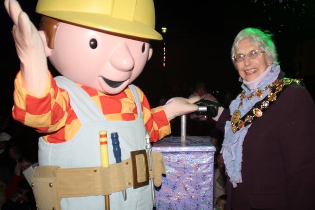 Bob the Builder switched on the lights with in 2006  The Mayor Coun. Trudi Mulcaster.